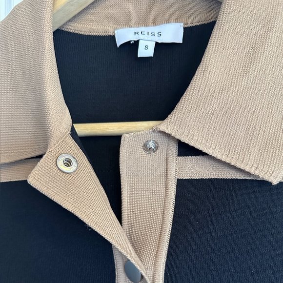 NEW Reiss Nikki Contrast Trim Press Stud Mini Dress in Black Camel | size S - Picture 6 of 8